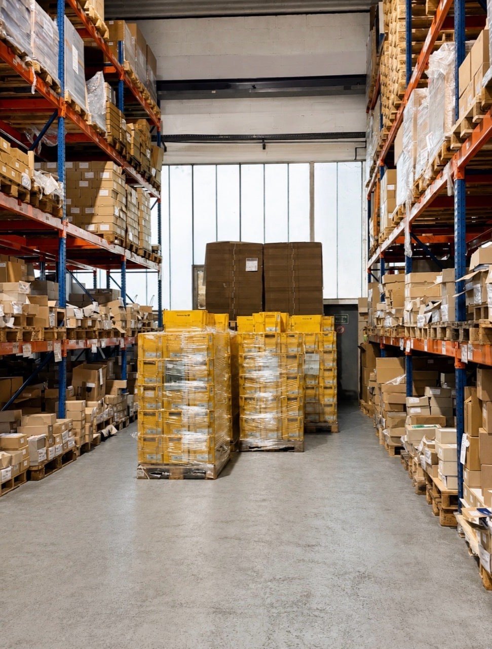 Versandfertige POS-Mailings auf Paletten im Lager von sampleversand.de