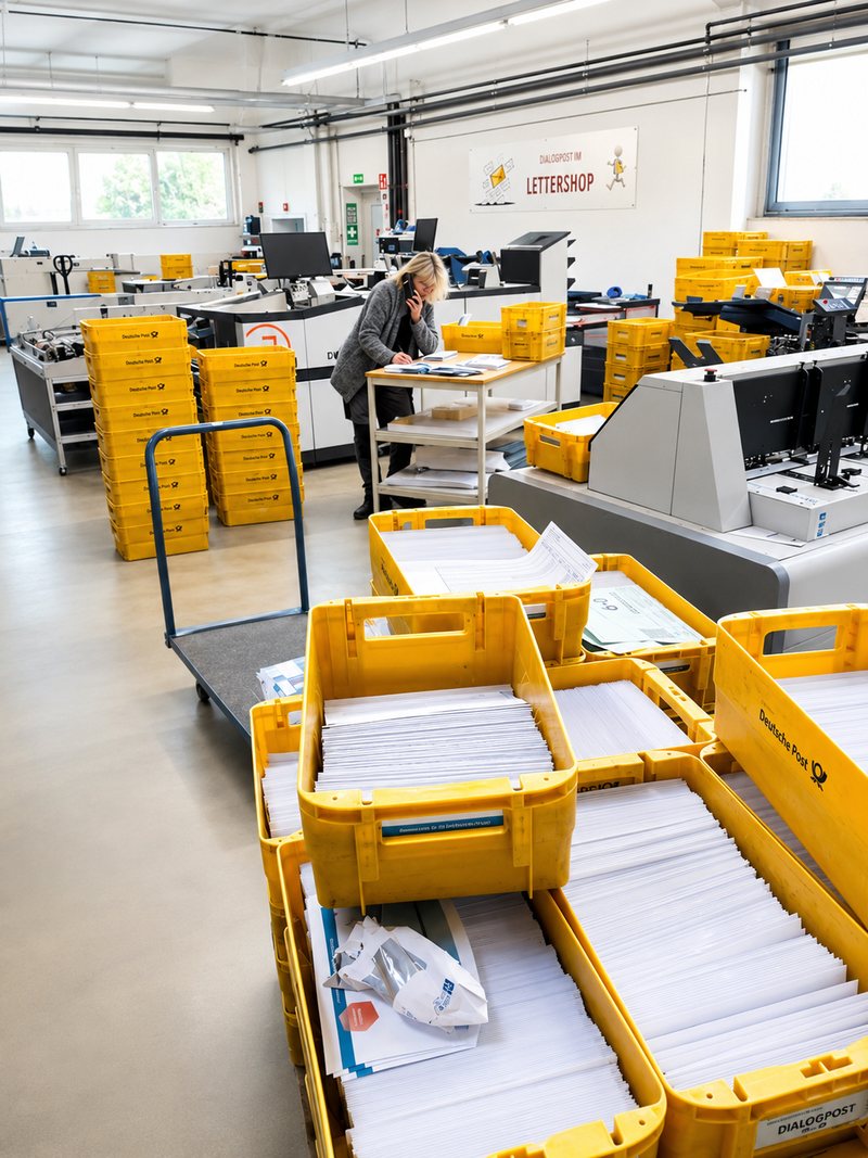 Produktionsbereich mit Postbehältern für Lettershop und Versandvorbereitung