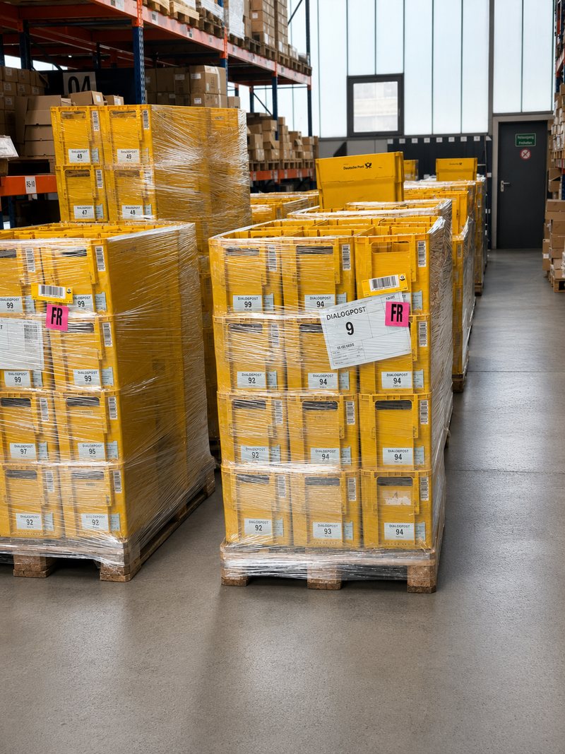 Postbehälter auf Paletten für Versandlogistik und Musterkampagnen